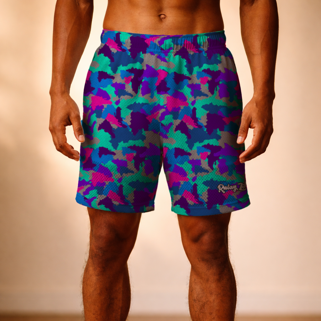 Person wearing colorful camouflage shorts on a wooden floor. Dominican shorts