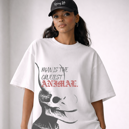 Person wearing a white t-shirt with a graphic design and text, standing against a plain background.