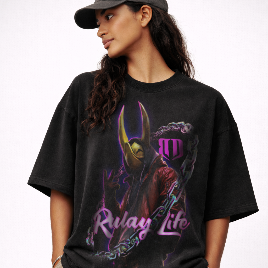 Person wearing a black t-shirt with a graphic design and text, standing against a white background. Dominican shirt