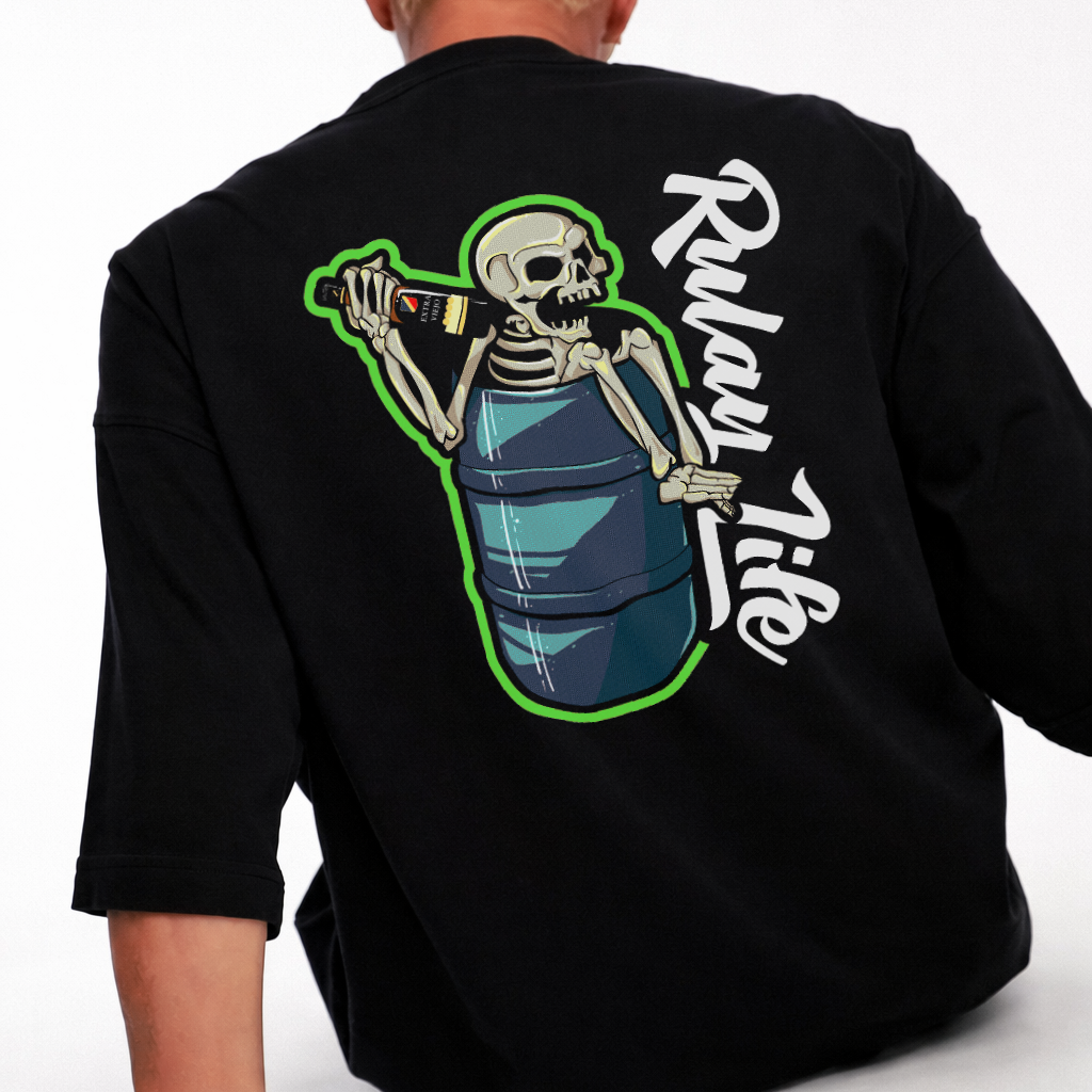 Person wearing a black sweatshirt with a skeleton design and 'Rulay Life' text on the back. Dominican shirt