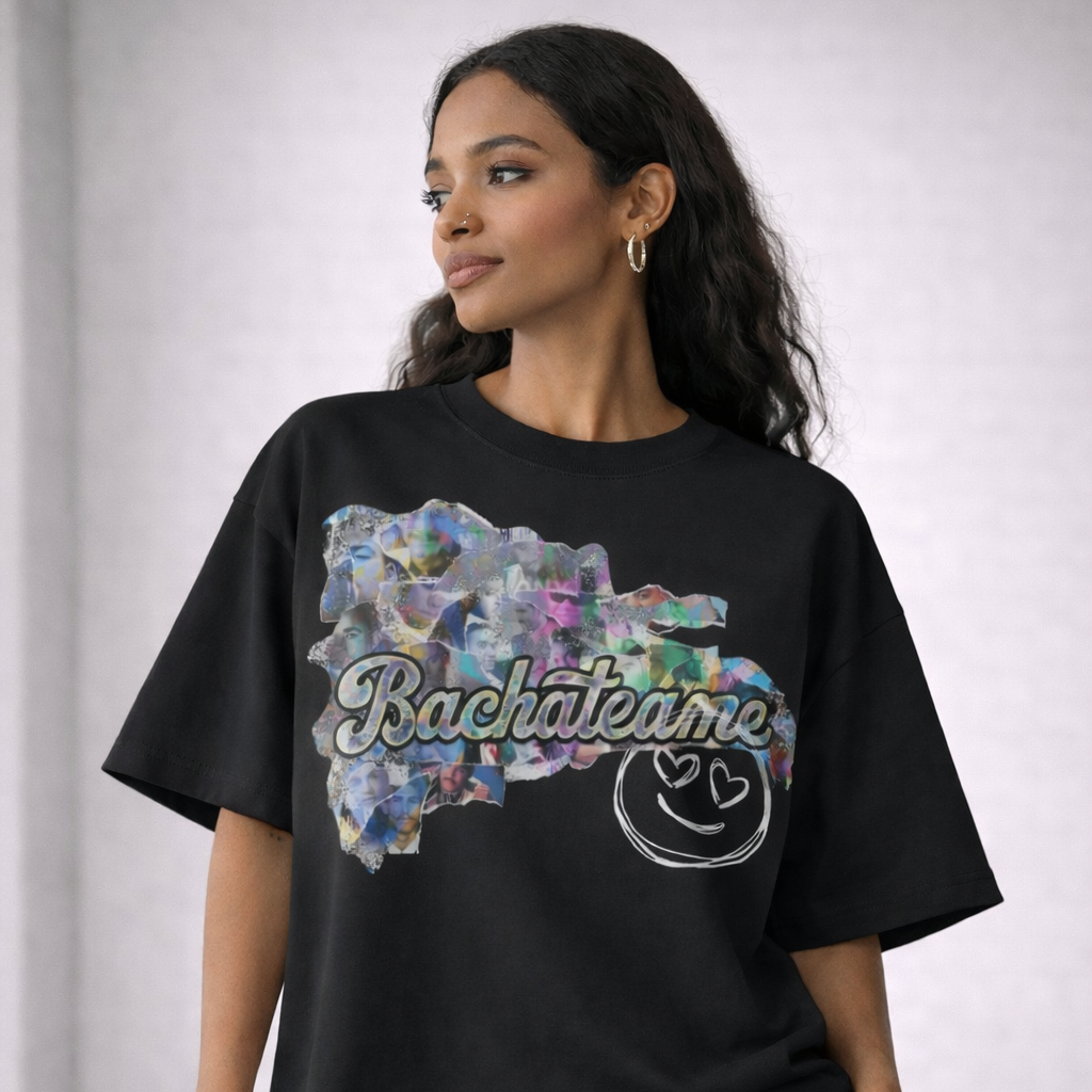 Dominican shirt. Woman wearing a black t-shirt with colorful design and text on a plain background