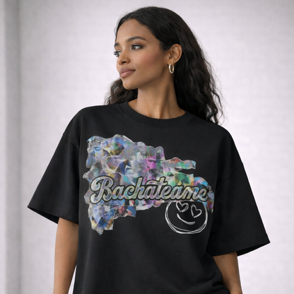 Dominican shirt. Woman wearing a black t-shirt with colorful design and text on a plain background