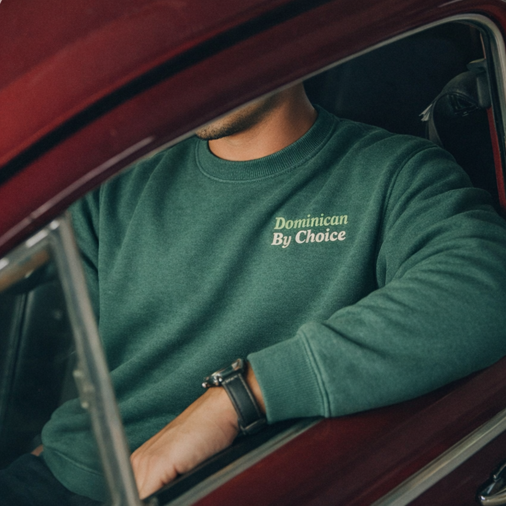 Person wearing a green sweatshirt with 'Dominican By Choice' text, sitting inside a vehicle.