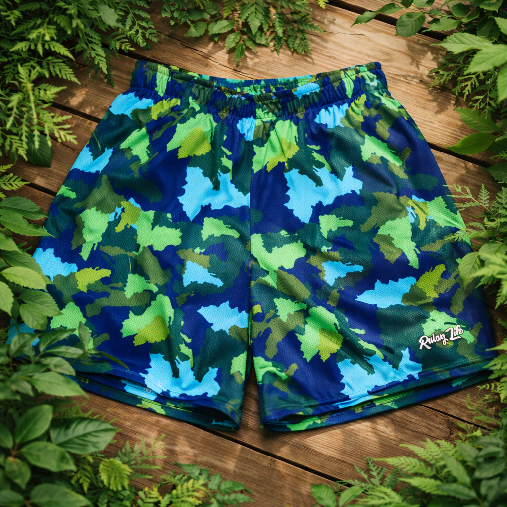 Blue and green camouflage shorts on a wooden surface with foliage around. Jade Dominican shorts