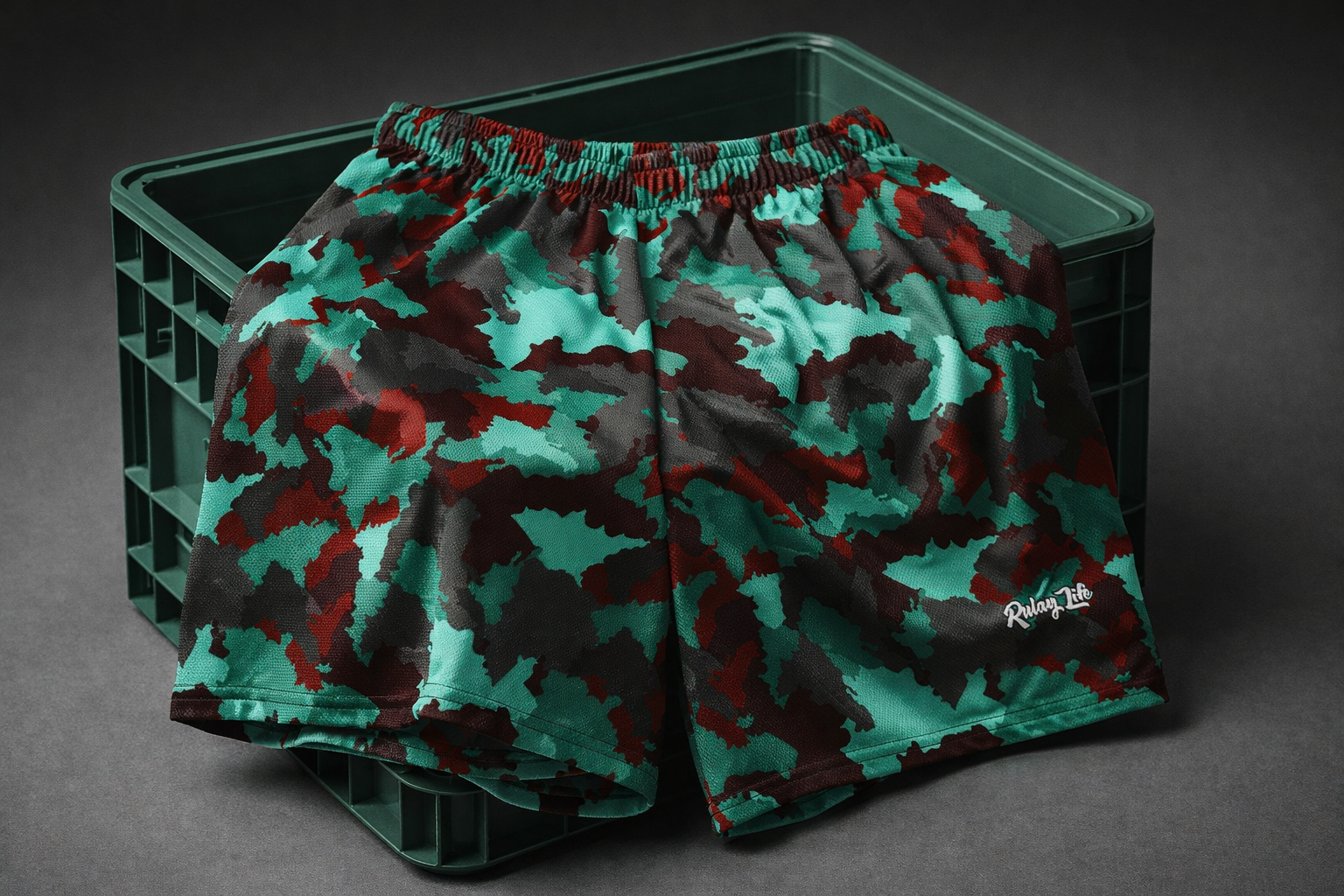 Camouflage-patterned shorts on a dark background. Dominican shorts.