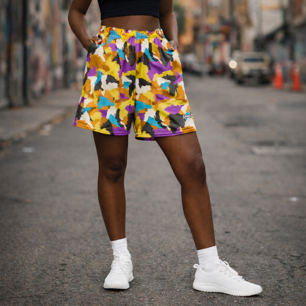 Person wearing colorful patterned shorts on a city street. Raikou Dominican pattern shorts
