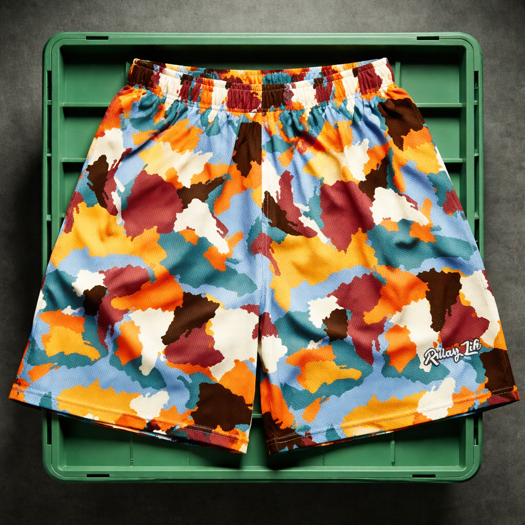 Colorful patterned shorts on a green plastic crate against a dark background. Dominican shorts