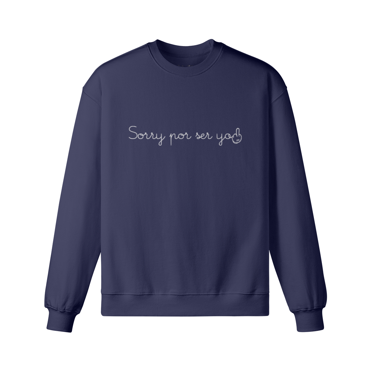 Navy blue sweatshirt with white text on a white background. Dominican brand