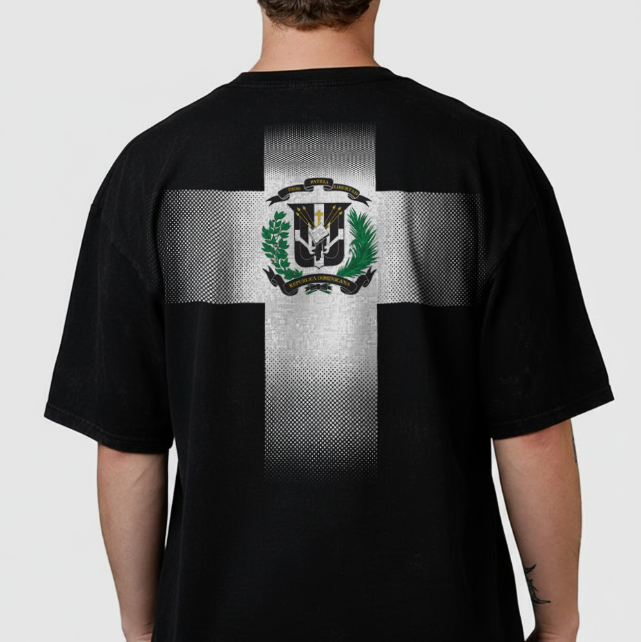 Black t-shirt with a logo on the back against a white background