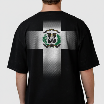 Black t-shirt with a logo on the back against a white background