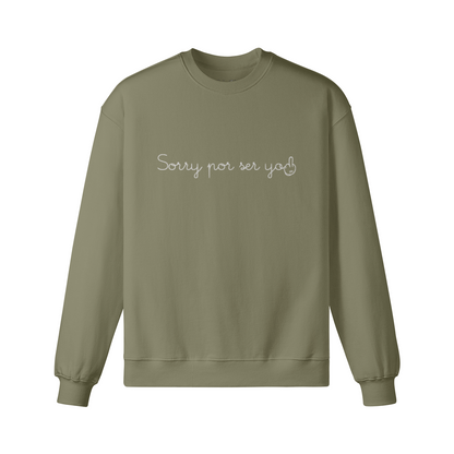 Green sweatshirt with text on a white background. Dominican s.hirt with flag on the back