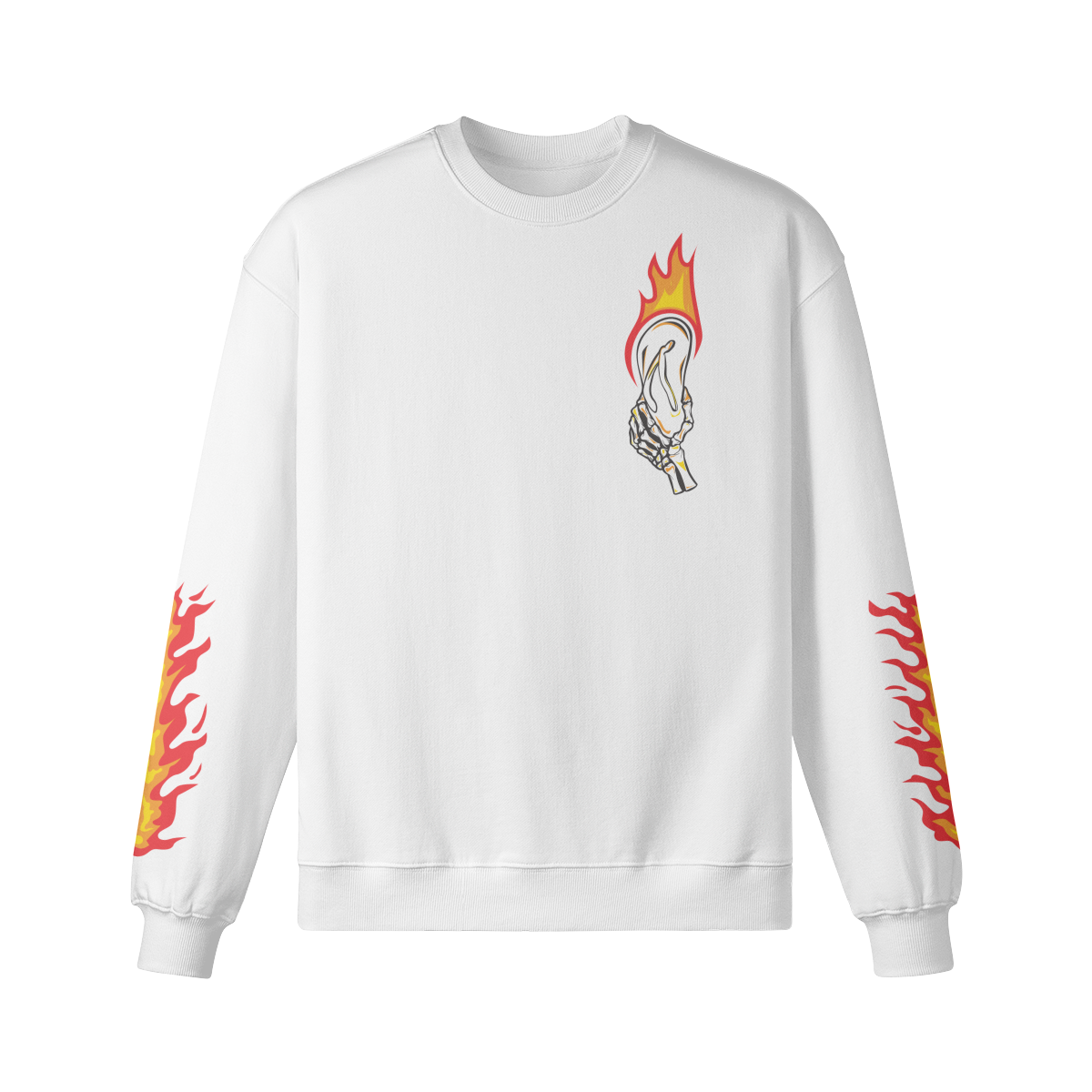 White sweatshirt with flame design on sleeves and chest against a white background Premium fabric, limited drops. Shop Rulay Life.