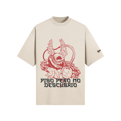 Dominican brand Beige t-shirt with red graphic design and text on a white background Premium fabric, limited drops. Shop Rulay Life.