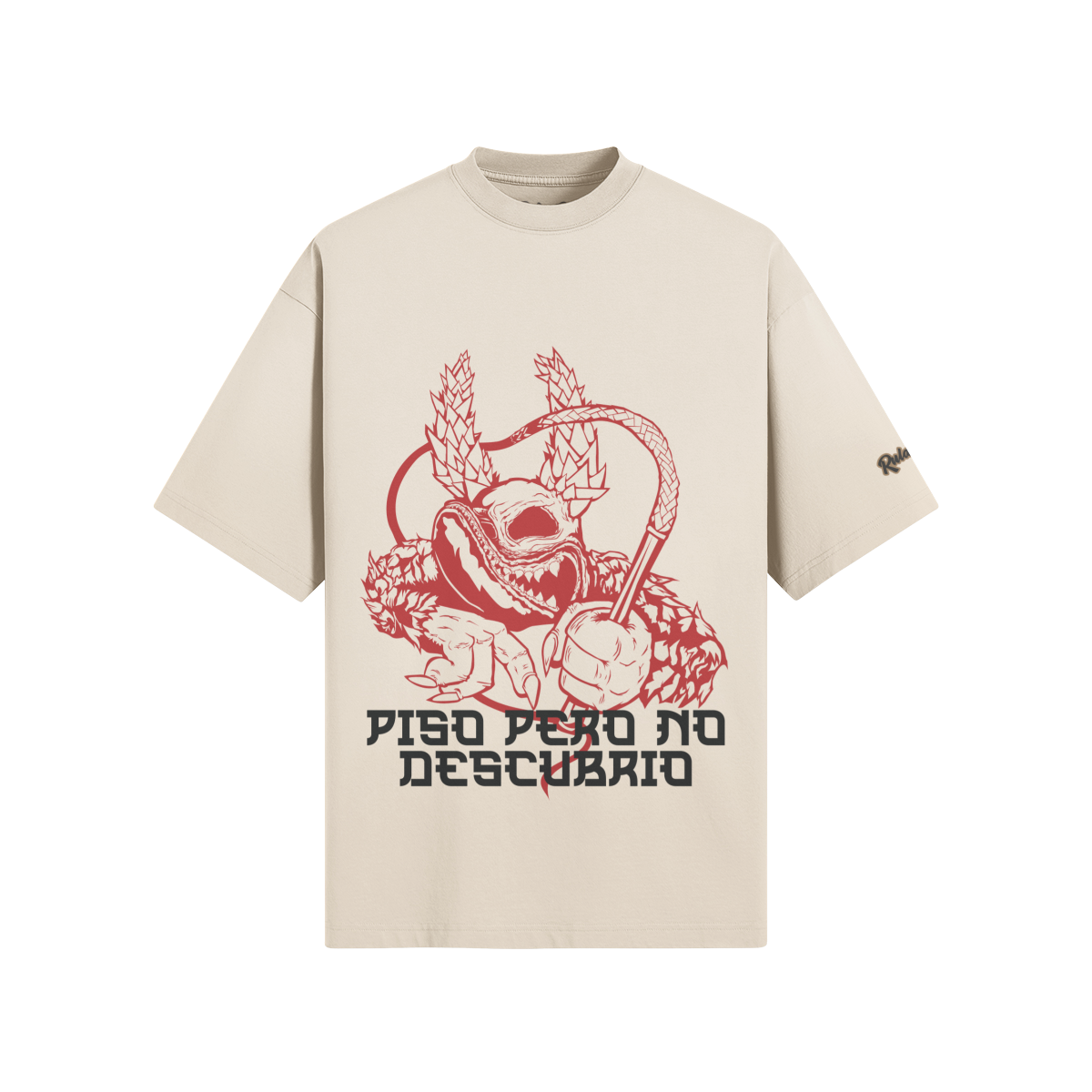 Beige t-shirt with red graphic design and text on a white background Premium fabric, limited drops. Shop Rulay Life.