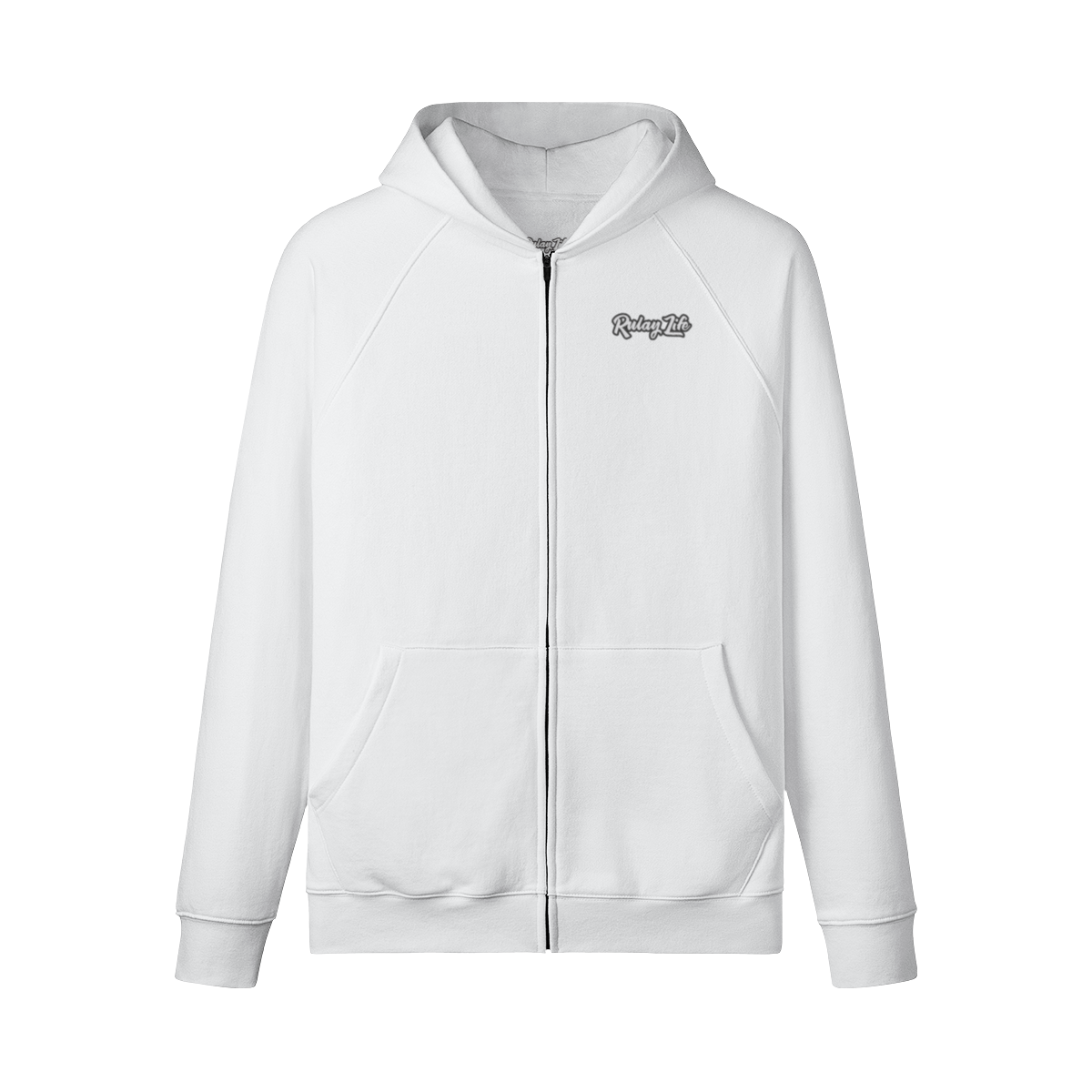 White hoodie with a logo on the chest against a white background. Dominican brand swear