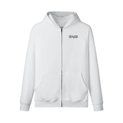 White hoodie with a logo on the chest against a white background. Dominican brand swear